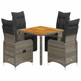 5 Piece Garden Bistro Set with Cushions Grey Poly Rattan - Front View