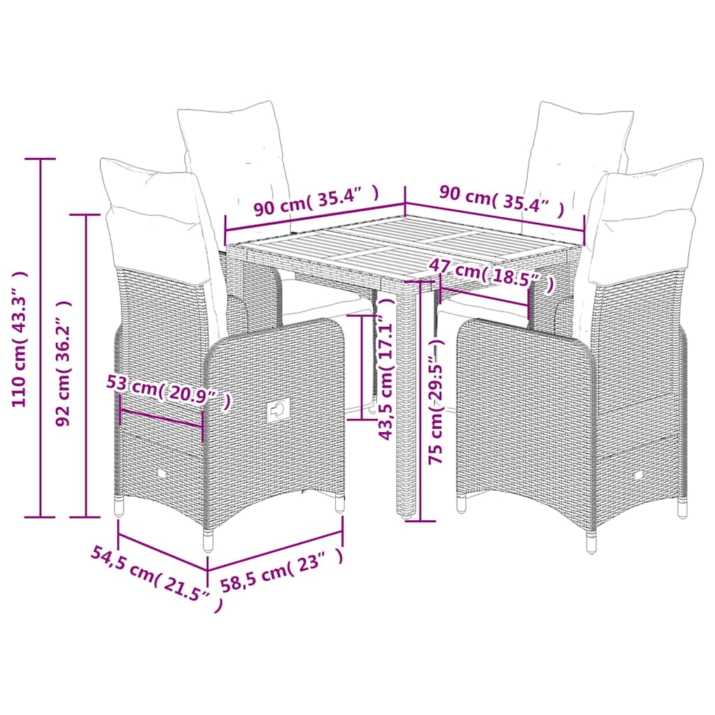 5 Piece Garden Bistro Set with Cushions Grey Poly Rattan