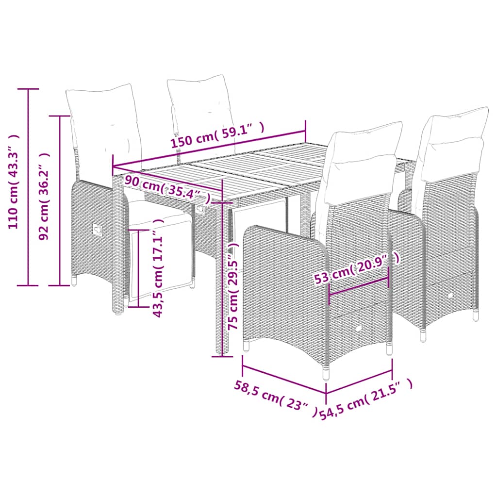 5 Piece Garden Bistro Set with Cushions Grey Poly Rattan