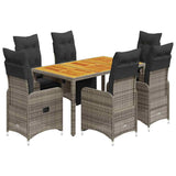 7 Piece Garden Bistro Set with Cushions Grey Poly Rattan - Front View