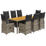 9 Piece Garden Bistro Set with Cushions Grey Poly Rattan - Front View
