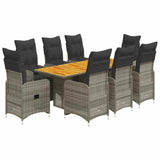 9 Piece Garden Bistro Set with Cushions Grey Poly Rattan - Front View