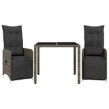 3 Piece Garden Bistro Set with Cushions Grey Poly Rattan - Front View