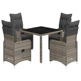 5 Piece Garden Bistro Set with Cushions Grey Poly Rattan - Front View