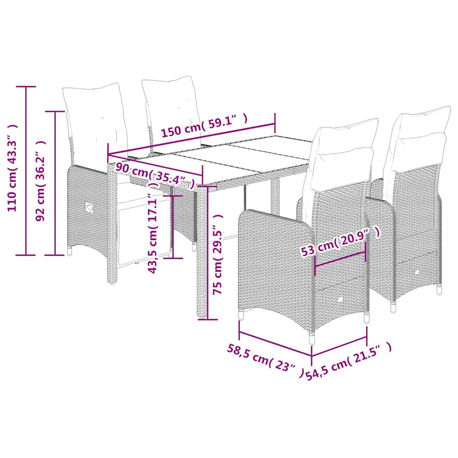 5 Piece Garden Bistro Set with Cushions Grey Poly Rattan