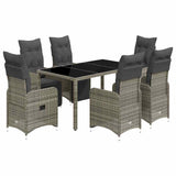 7 Piece Garden Bistro Set with Cushions Grey Poly Rattan - Front View