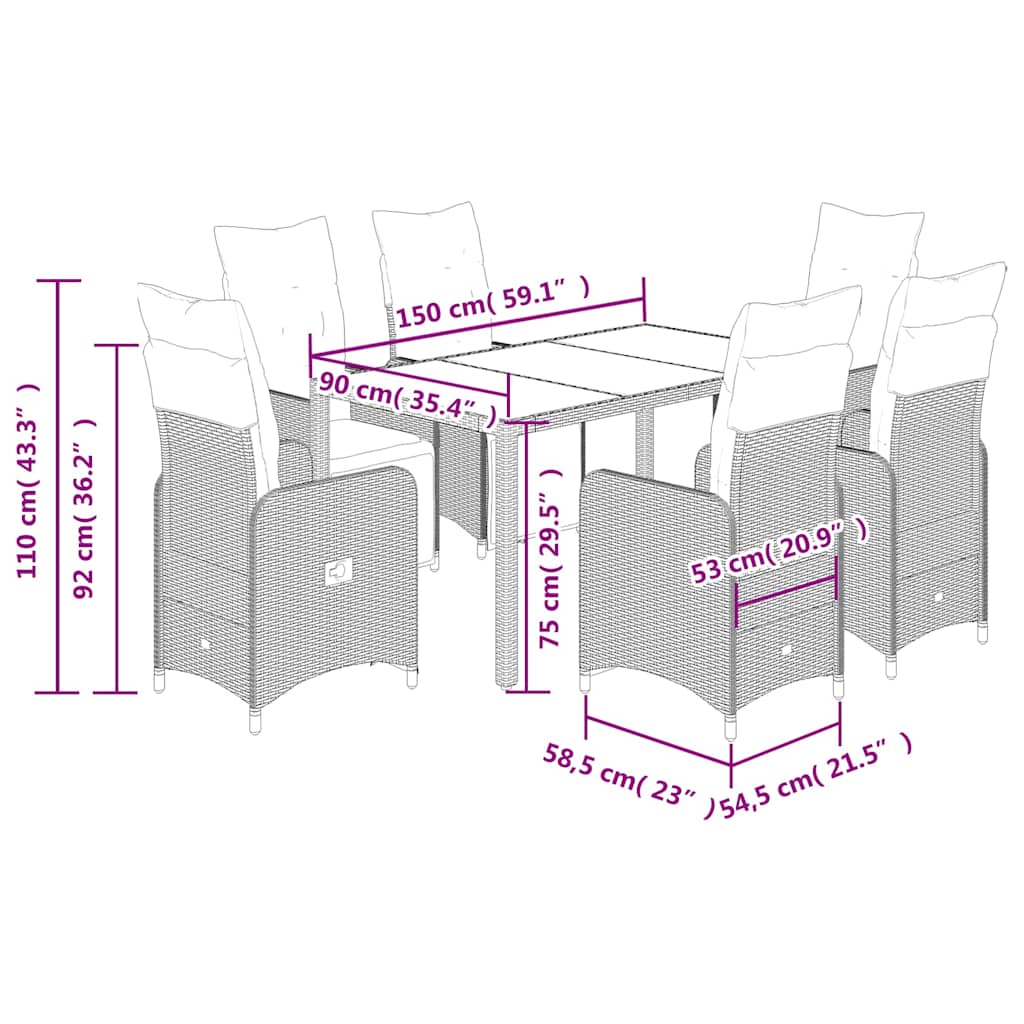 7 Piece Garden Bistro Set with Cushions Grey Poly Rattan