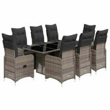 9 Piece Garden Bistro Set with Cushions Grey Poly Rattan - Front View