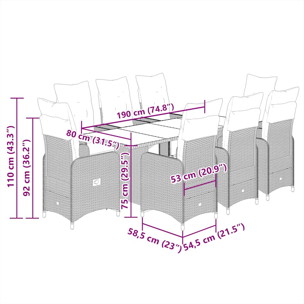 9 Piece Garden Bistro Set with Cushions Grey Poly Rattan