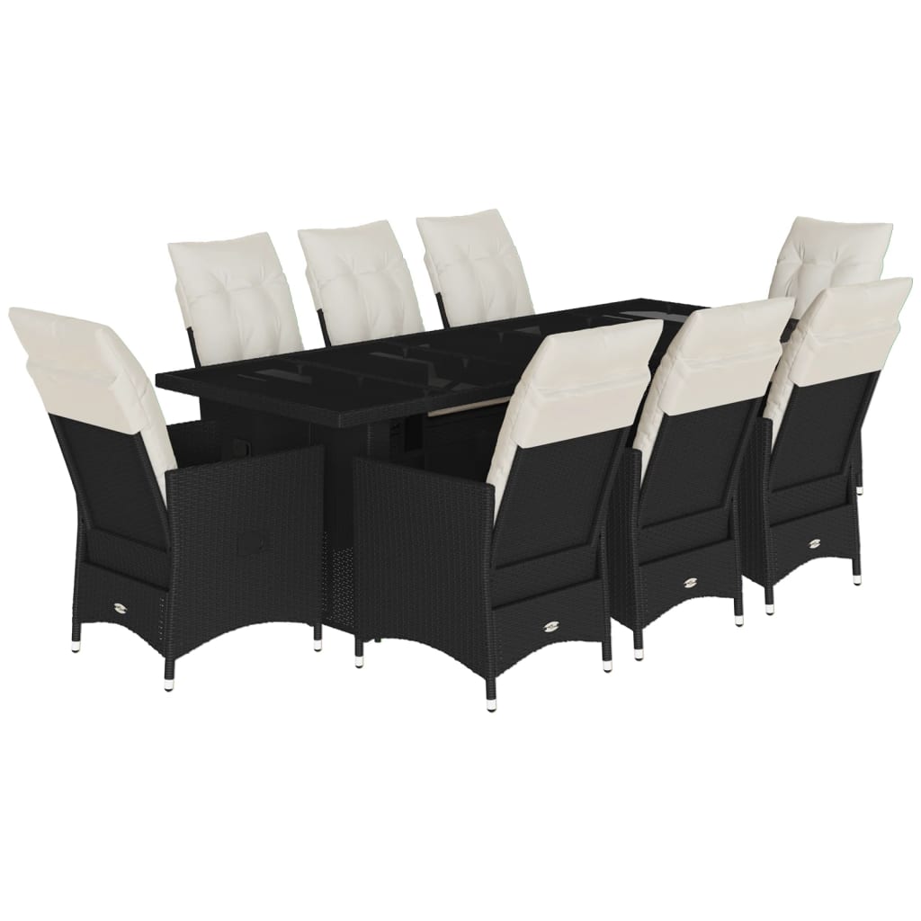 9 Piece Garden Bistro Set with Cushions Black Poly Rattan