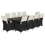 11 Piece Garden Bistro Set with Cushions Black Poly Rattan - Front View