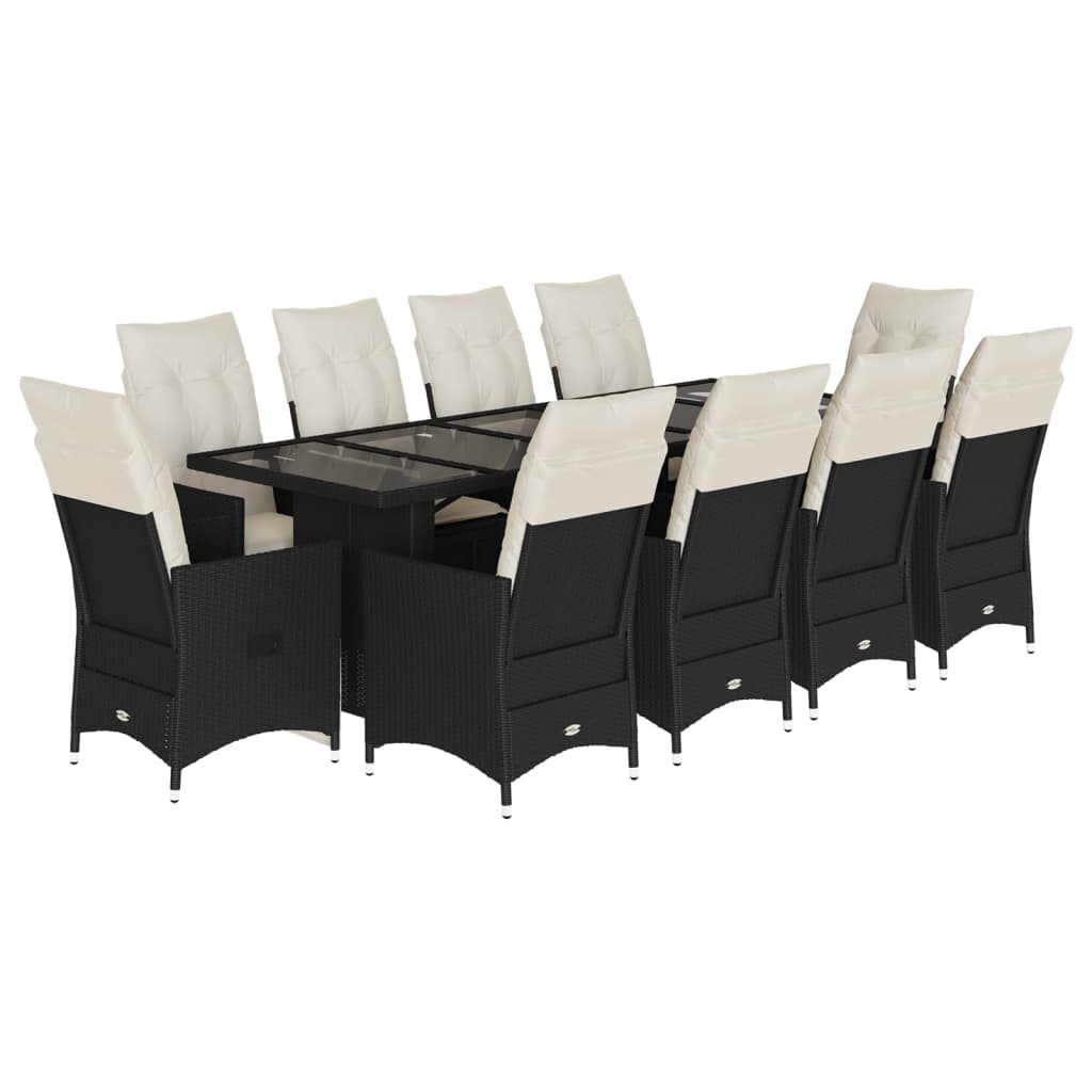 11 Piece Garden Bistro Set with Cushions Black Poly Rattan