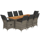 9 Piece Garden Bistro Set with Cushions Grey Poly Rattan - Front View