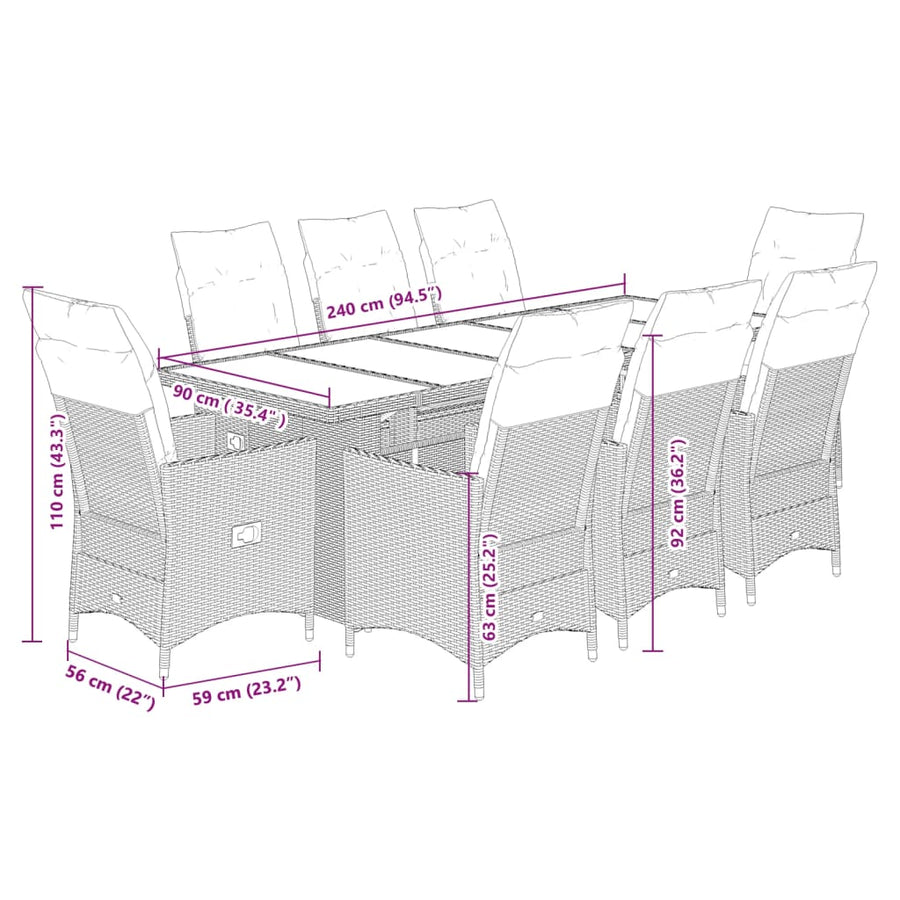 9 Piece Garden Bistro Set with Cushions Grey Poly Rattan
