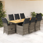 9 Piece Garden Bistro Set with Cushions Grey Poly Rattan