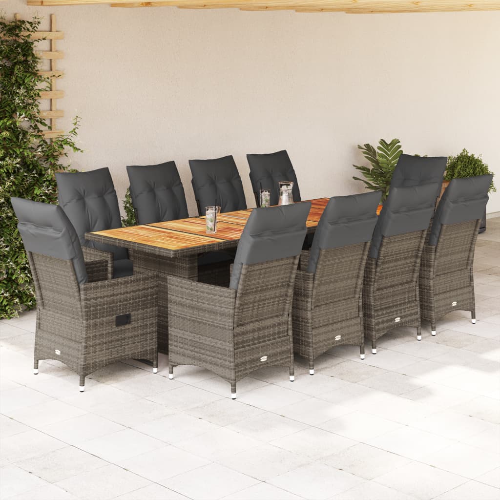 11 Piece Garden Bistro Set with Cushions Grey Poly Rattan