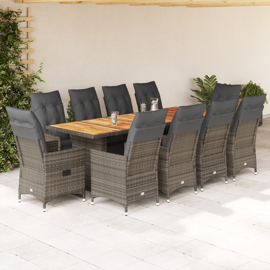 11 Piece Garden Bistro Set with Cushions Grey Poly Rattan