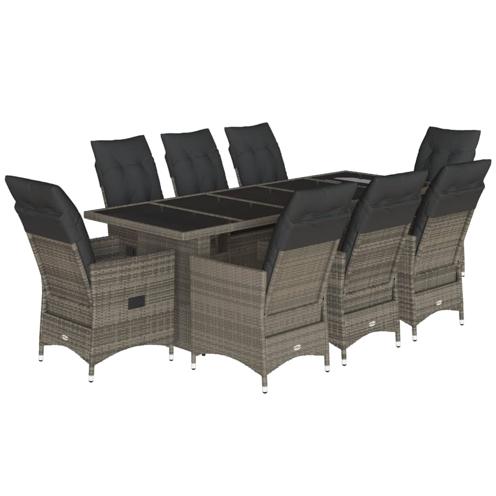 9 Piece Garden Bistro Set with Cushions Grey Poly Rattan