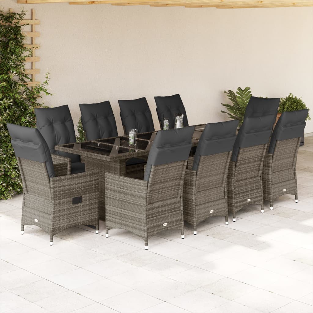 11 Piece Garden Bistro Set with Cushions Grey Poly Rattan