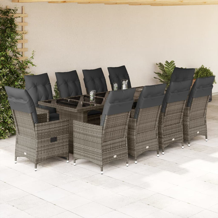 11 Piece Garden Bistro Set with Cushions Grey Poly Rattan