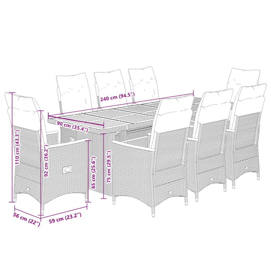 9 Piece Garden Bistro Set with Cushions Black Poly Rattan