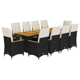 11 Piece Garden Bistro Set with Cushions Black Poly Rattan - Front View