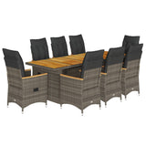 9 Piece Garden Bistro Set with Cushions Grey Poly Rattan - Front View
