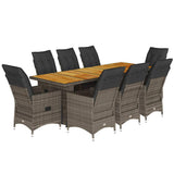 9 Piece Garden Bistro Set with Cushions Grey Poly Rattan - Front View