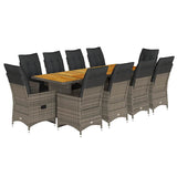 11 Piece Garden Bistro Set with Cushions Grey Poly Rattan - Front View