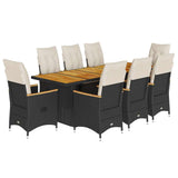 9 Piece Garden Bistro Set with Cushions Black Poly Rattan - Front View