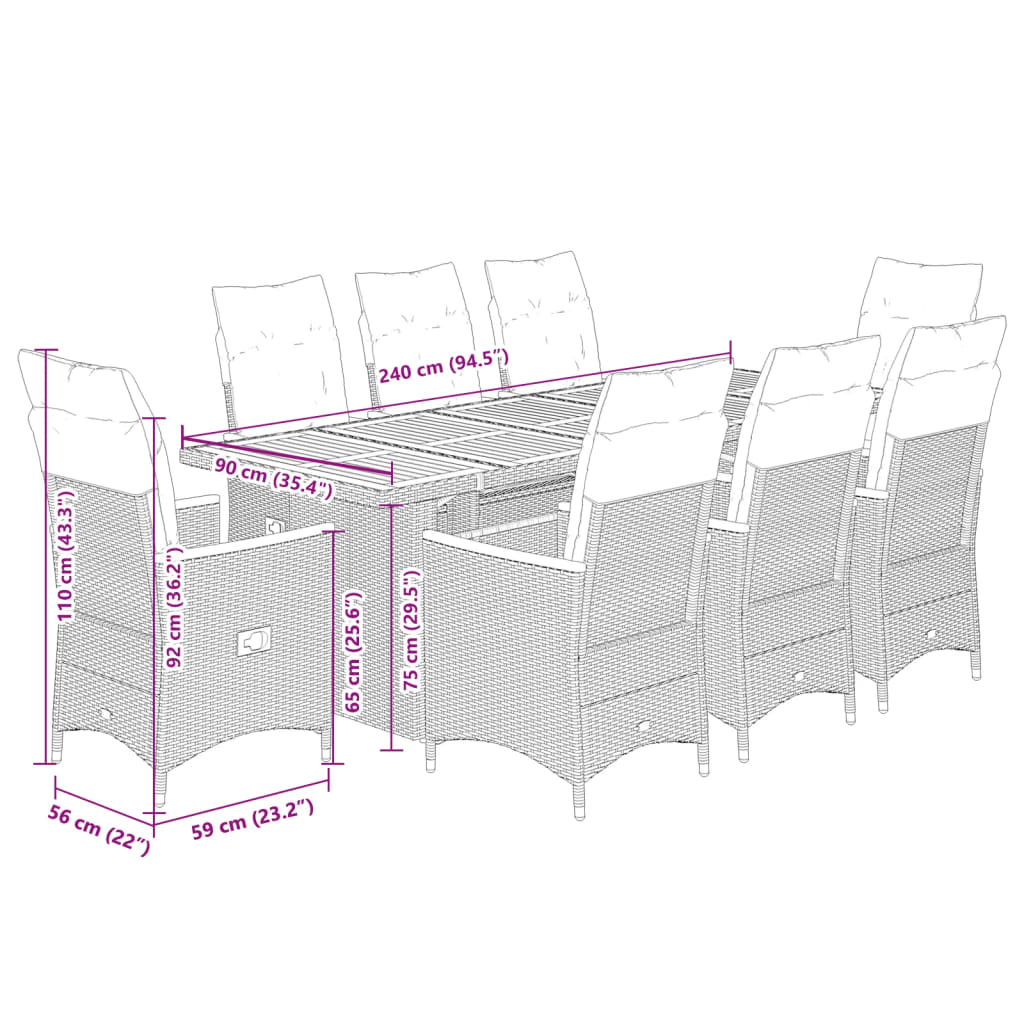 9 Piece Garden Bistro Set with Cushions Black Poly Rattan