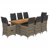 9 Piece Garden Bistro Set with Cushions Grey Poly Rattan - Front View