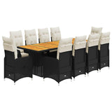 11 Piece Garden Bistro Set with Cushions Black Poly Rattan - Front View