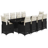 11 Piece Garden Bistro Set with Cushions Black Poly Rattan - Front View