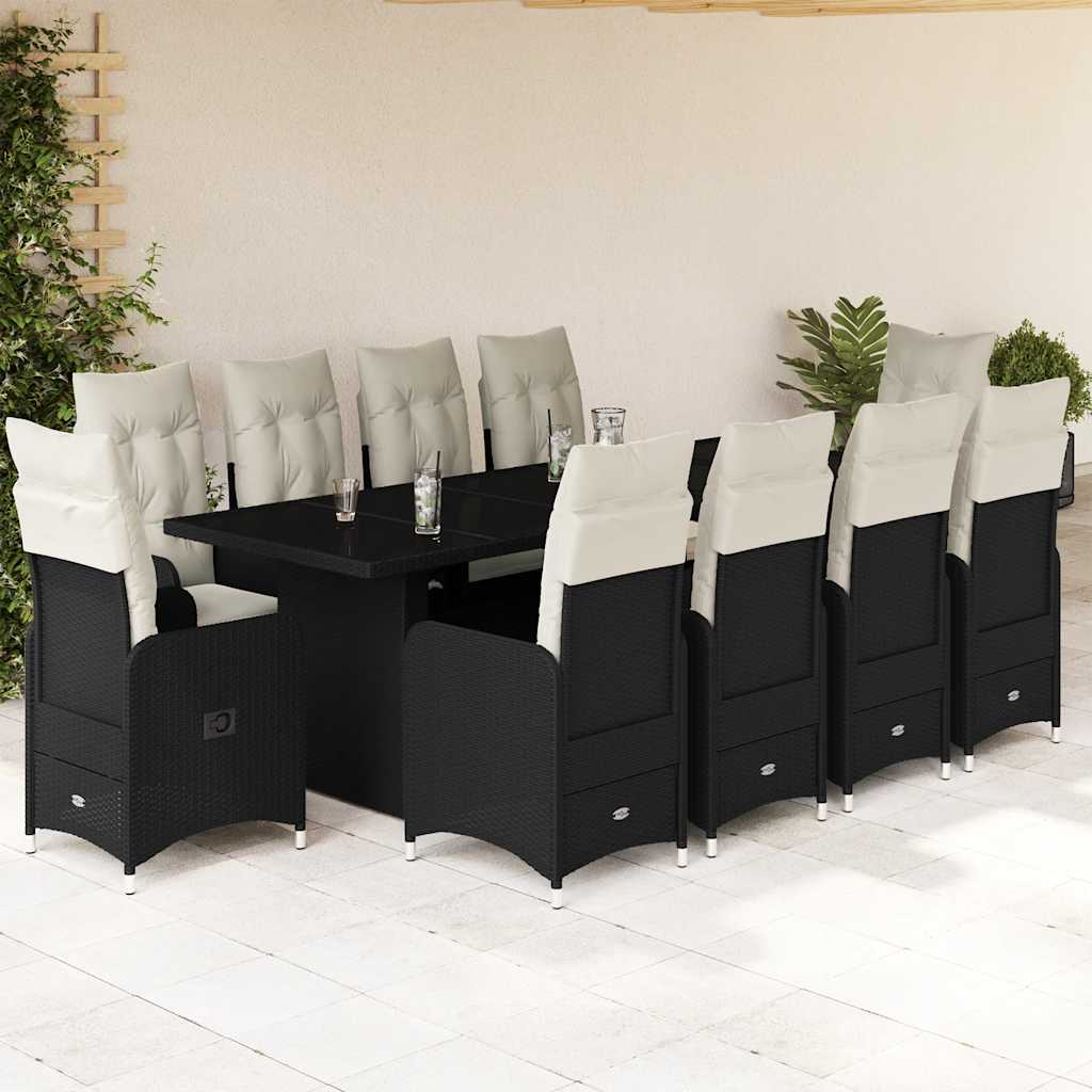11 Piece Garden Bistro Set with Cushions Black Poly Rattan