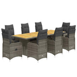 9 Piece Garden Bistro Set with Cushions Grey Poly Rattan - Front View