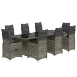 9 Piece Garden Bistro Set with Cushions Grey Poly Rattan - Front View