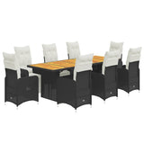 9 Piece Garden Bistro Set with Cushions Black Poly Rattan - Front View