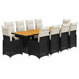 11 Piece Garden Bistro Set with Cushions Black Poly Rattan