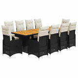 11 Piece Garden Bistro Set with Cushions Black Poly Rattan - Front View