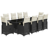 11 Piece Garden Bistro Set with Cushions Black Poly Rattan - Front View