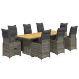 9 Piece Garden Bistro Set with Cushions Grey Poly Rattan - Front View