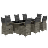 9 Piece Garden Bistro Set with Cushions Grey Poly Rattan - Front View