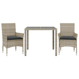 3 Piece Garden Dining Set with Cushions Light Grey Poly Rattan and Glass