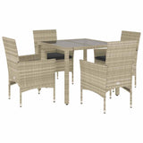 5 Piece Garden Dining Set with Cushions Light Grey Poly Rattan and Glass - Front View