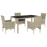 5 Piece Garden Dining Set with Cushions Light Grey Poly Rattan and Glass - Front View