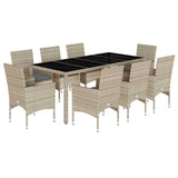9 Piece Garden Dining Set with Cushions Light Grey Poly Rattan and Glass - Front View