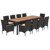 11 Piece Garden Dining Set with Cushions Black Poly Rattan and Acacia - Front View