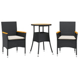 3 Piece Garden Dining Set with Cushions Black Poly Rattan and Acacia - Front View