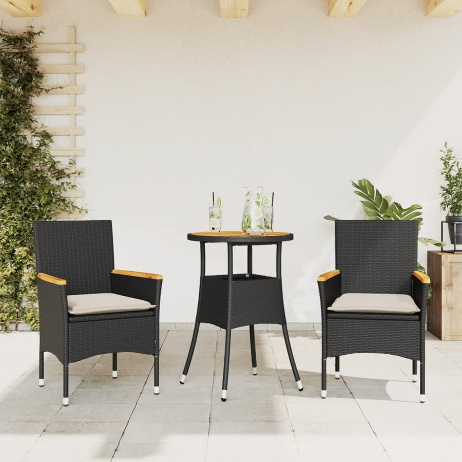 3 Piece Garden Dining Set with Cushions Black